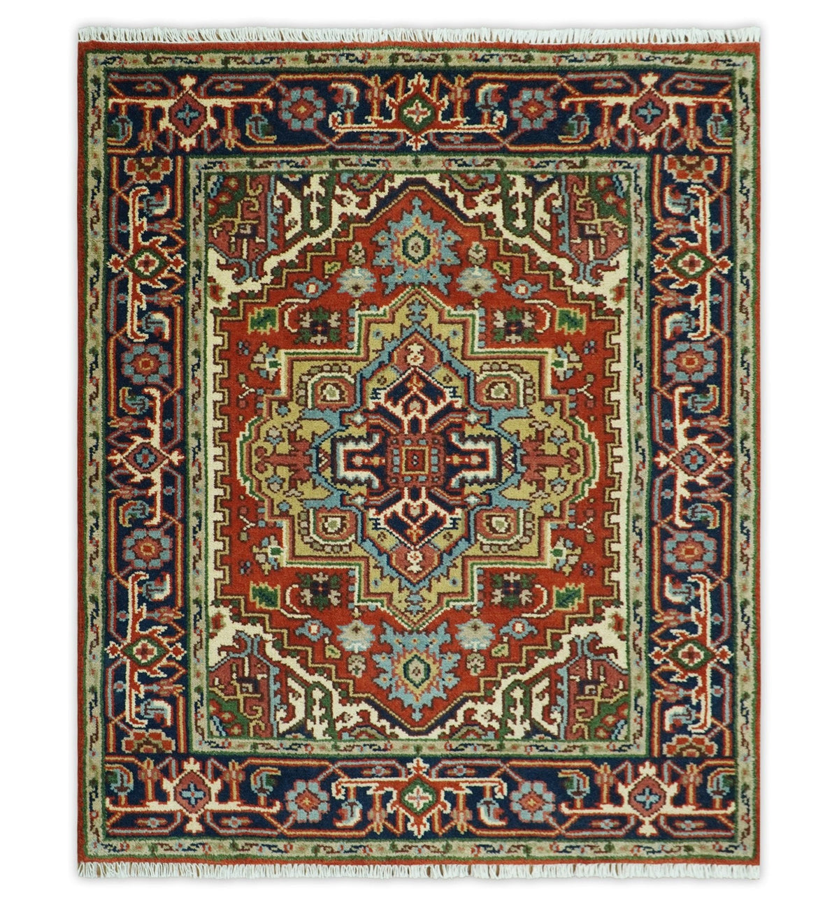 Custom Made Rust, Mustard, Ivory and Blue Hand Knotted Traditional Wool Area Rug