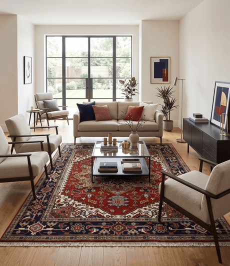 Custom Made Rust, Mustard, Ivory and Blue Hand Knotted Traditional Wool Area Rug