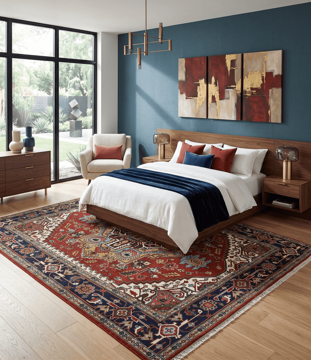 Custom Made Rust, Mustard, Ivory and Blue Hand Knotted Traditional Wool Area Rug