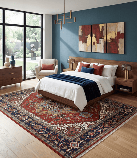 Custom Made Rust, Mustard, Ivory and Blue Hand Knotted Traditional Wool Area Rug