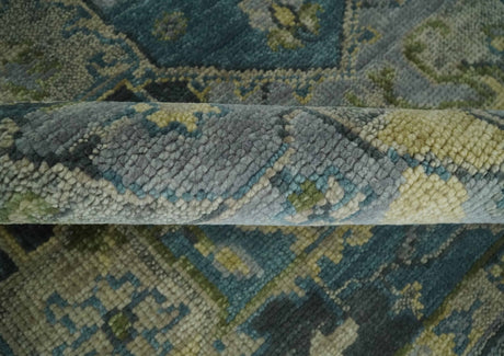 Custom Made Silver, Moss Green and Blue Heriz Traditional wool Area Rug