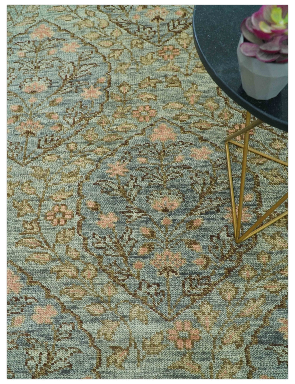 Custom Made Silver, Pink And Brown Floral Motifs Design Hand Knotted wool area rug