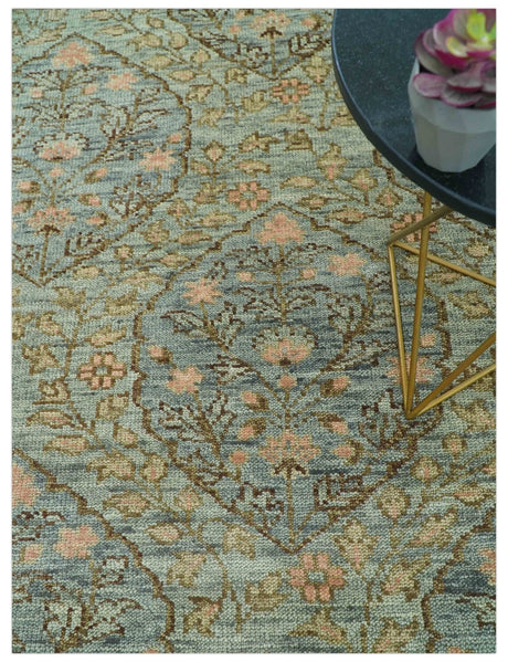 Custom Made Silver, Pink And Brown Floral Motifs Design Hand Knotted wool area rug