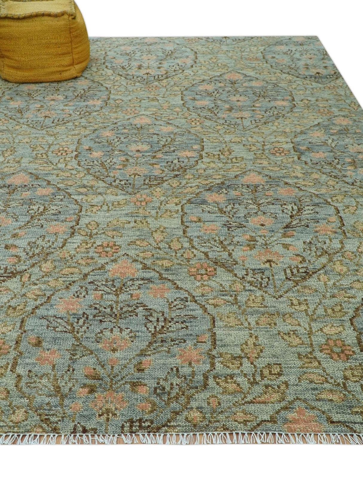 Custom Made Silver, Pink And Brown Floral Motifs Design Hand Knotted wool area rug