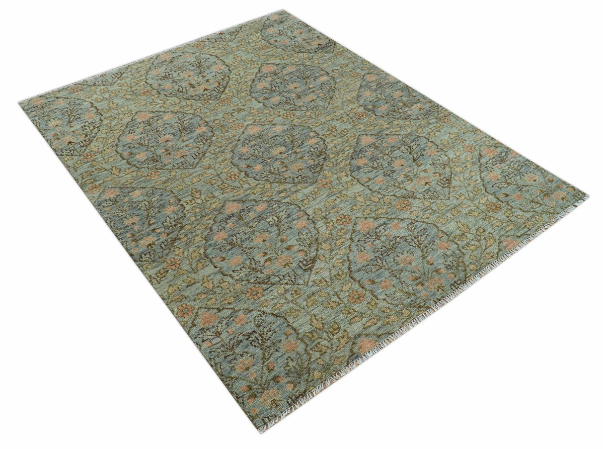 Custom Made Silver, Pink And Brown Floral Motifs Design Hand Knotted wool area rug