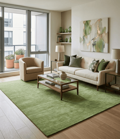 Custom Made solid Green Woolen Hand Tufted contemporary area Rug