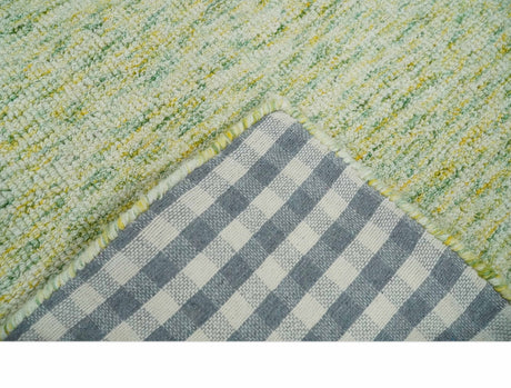 Custom Made Solid Moss Green Ivory and Gold Abstract Hand Tufted Natural Wool Area Rug