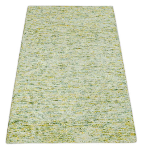 Custom Made Solid Moss Green Ivory and Gold Abstract Hand Tufted Natural Wool Area Rug