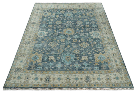 Custom Made Teal and Beige Hand Knotted Oriental Oushak Wool Area Rug