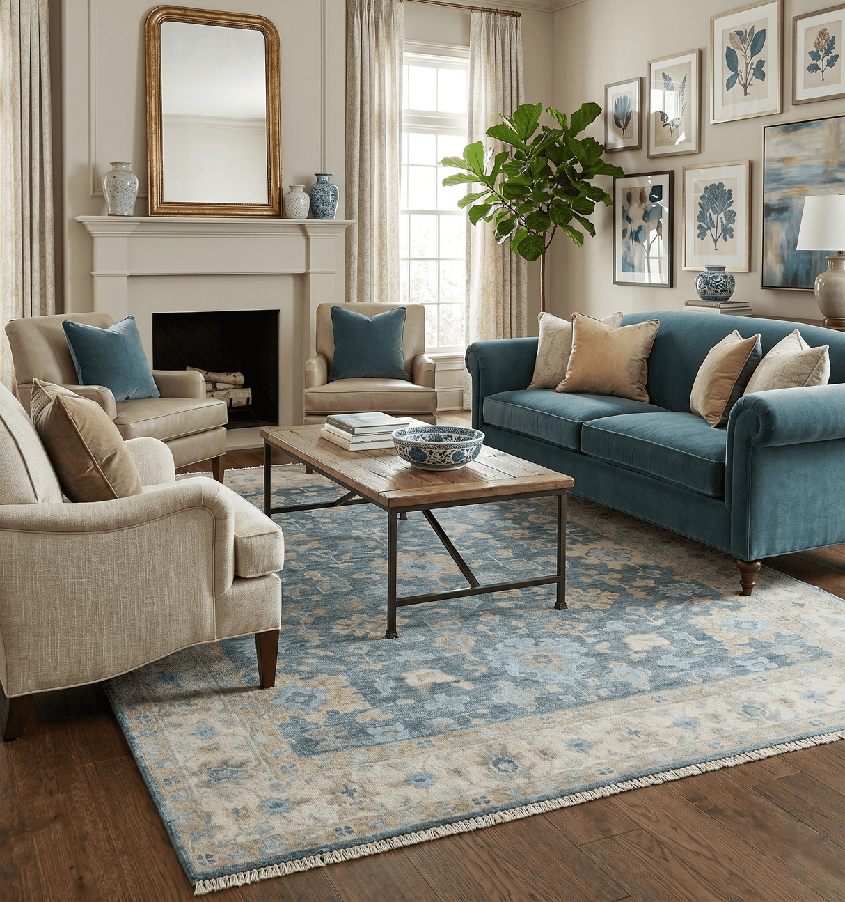 Custom Made Teal and Beige Hand Knotted Oriental Oushak Wool Area Rug
