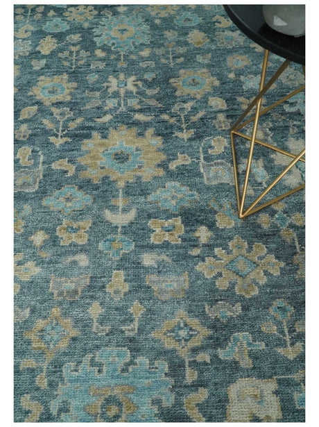 Custom Made Teal and Beige Hand Knotted Oriental Oushak Wool Area Rug