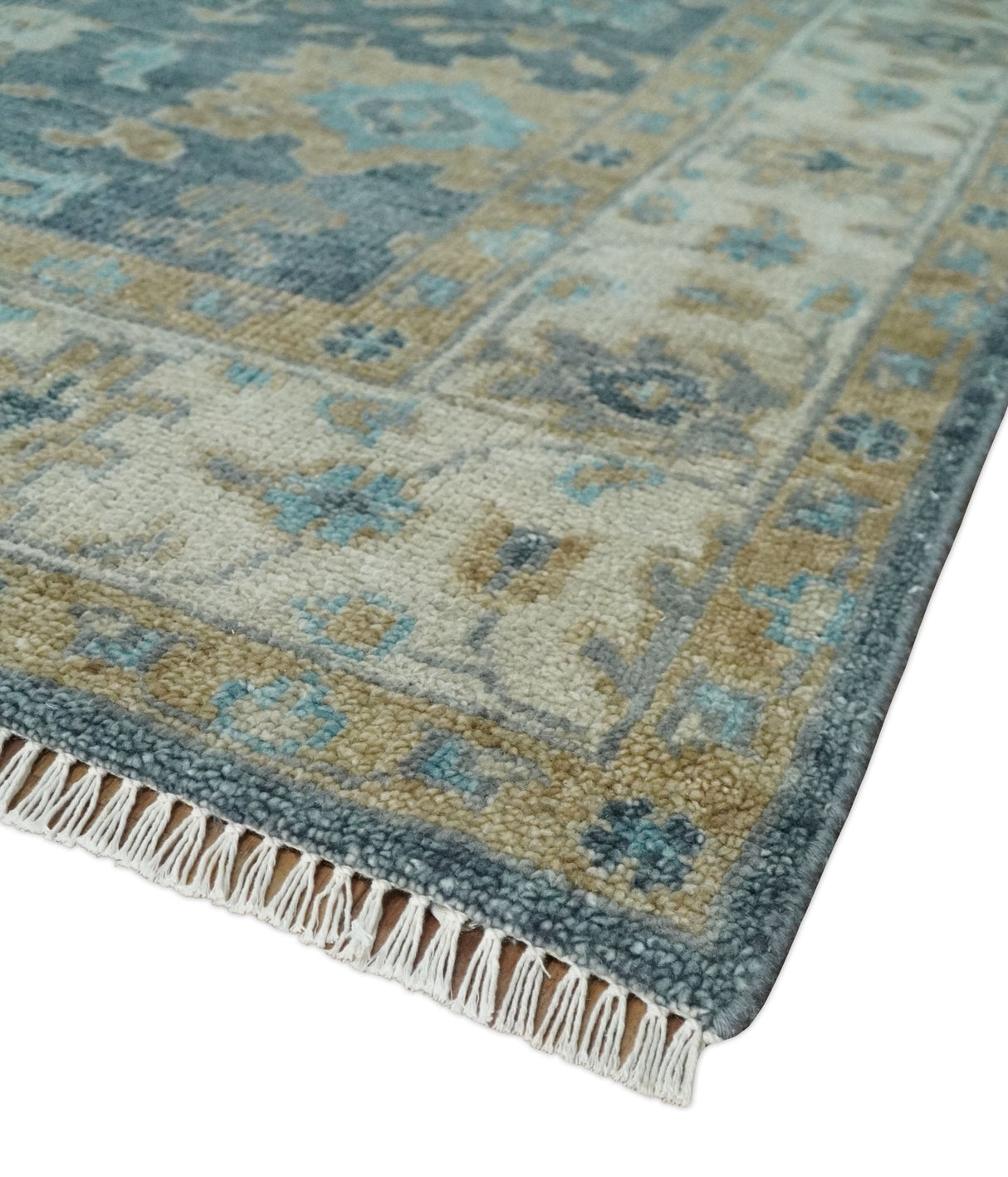 Custom Made Teal and Beige Hand Knotted Oriental Oushak Wool Area Rug