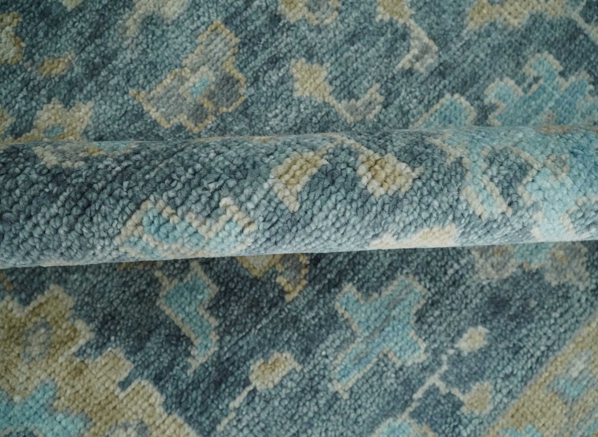 Custom Made Teal and Beige Hand Knotted Oriental Oushak Wool Area Rug