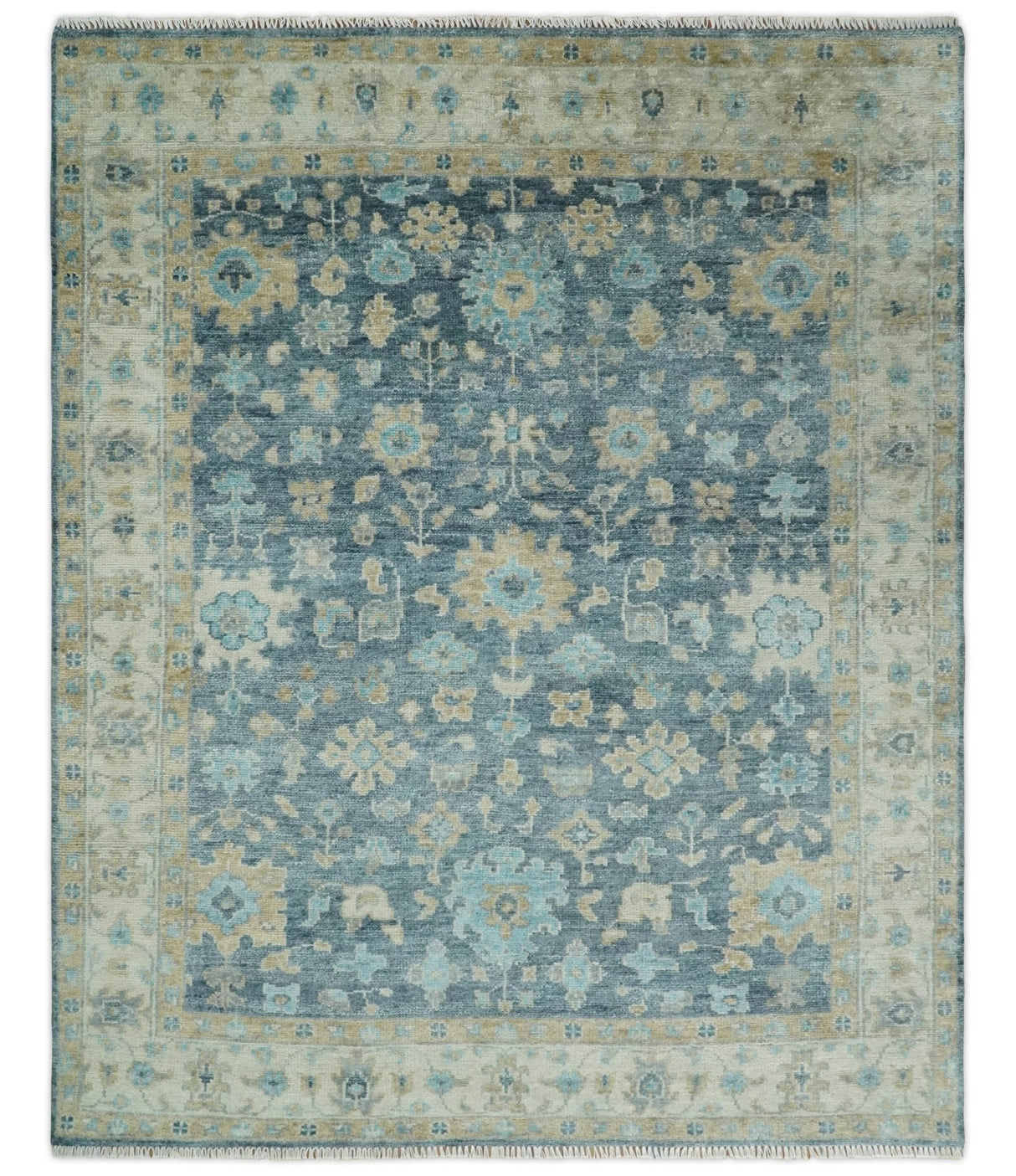 Custom Made Teal and Beige Hand Knotted Oriental Oushak Wool Area Rug