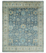 Custom Made Teal and Beige Hand Knotted Oriental Oushak Wool Area Rug