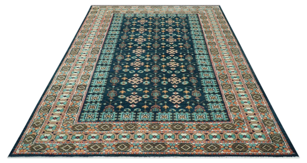 Custom Made Teal And Brown Traditional Tribal Design Hand Knotted Wool Rug
