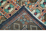 Custom Made Teal And Brown Traditional Tribal Design Hand Knotted Wool Rug