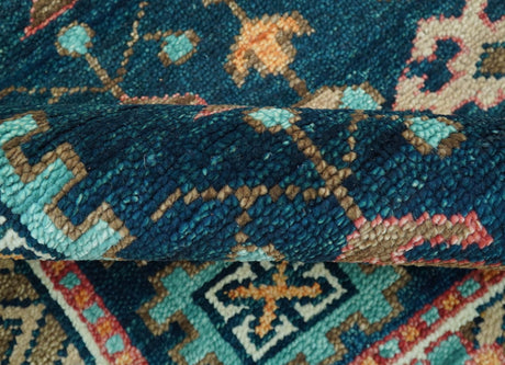 Custom Made Teal And Brown Traditional Tribal Design Hand Knotted Wool Rug