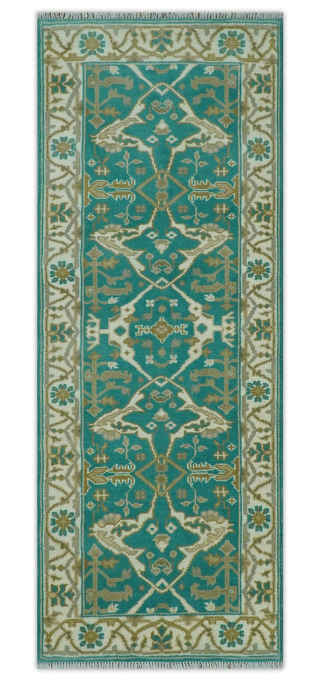Custom Made Teal and Ivory Hand knotted Oriental Oushak Multi Size wool Area Rug