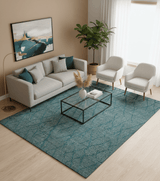 Custom Made Teal and Ivory Modern Stripes Design Hand Knotted wool Area Rug