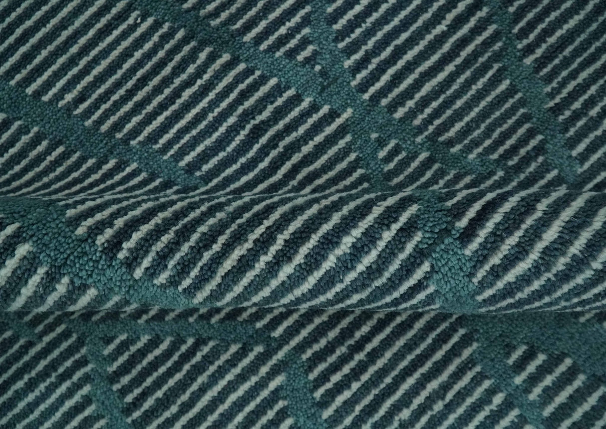 Custom Made Teal and Ivory Modern Stripes Design Hand Knotted wool Area Rug