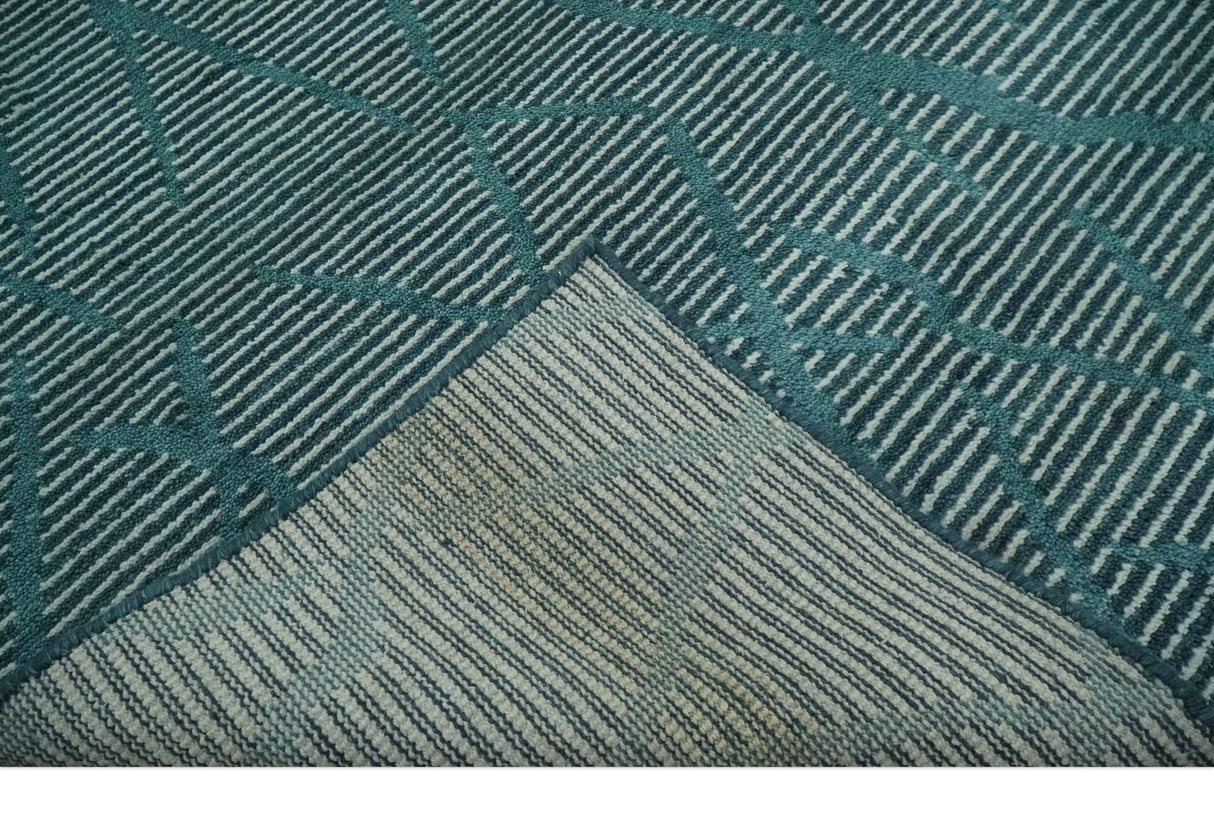 Custom Made Teal and Ivory Modern Stripes Design Hand Knotted wool Area Rug