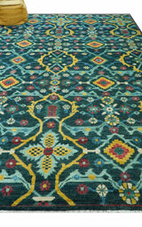 Custom Made Teal And Mustard Traditional Floral Motifs Hand Knotted Wool Rug