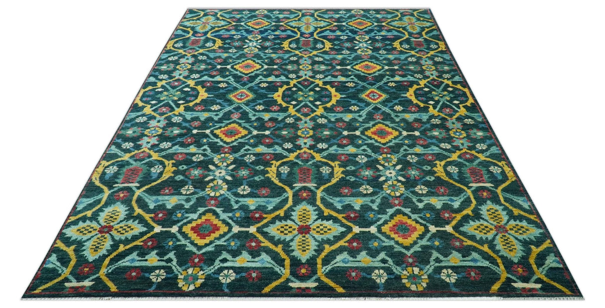 Custom Made Teal And Mustard Traditional Floral Motifs Hand Knotted Wool Rug