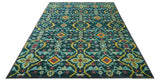 Custom Made Teal And Mustard Traditional Floral Motifs Hand Knotted Wool Rug