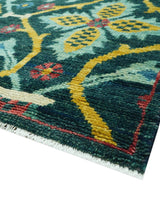 Custom Made Teal And Mustard Traditional Floral Motifs Hand Knotted Wool Rug