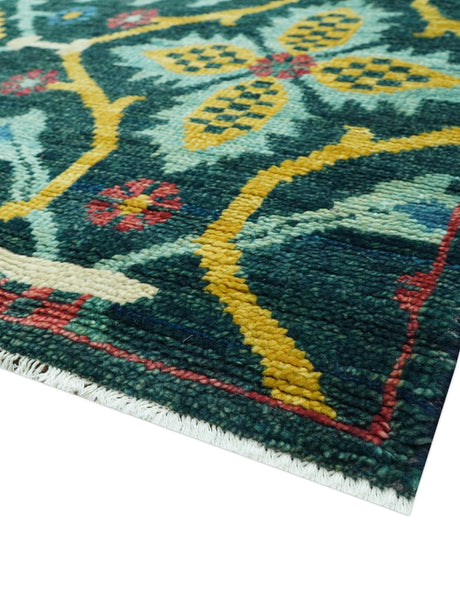 Custom Made Teal And Mustard Traditional Floral Motifs Hand Knotted Wool Rug