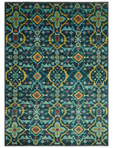 Custom Made Teal And Mustard Traditional Floral Motifs Hand Knotted Wool Rug