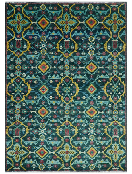 Custom Made Teal And Mustard Traditional Floral Motifs Hand Knotted Wool Rug