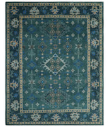 Custom Made Teal, Blue, Peach and Silver Hand Knotted Traditional Heriz wool Area Rug