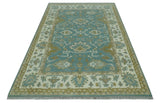 Custom Made Teal, Ivory and Olive Hand Knotted Traditional Oriental Oushak wool rug