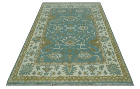 Custom Made Teal, Ivory and Olive Hand Knotted Traditional Oriental Oushak wool rug