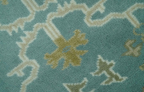 Custom Made Teal, Ivory and Olive Hand Knotted Traditional Oriental Oushak wool rug