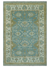 Custom Made Teal, Ivory and Olive Hand Knotted Traditional Oriental Oushak wool rug