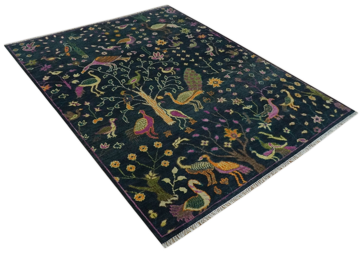 Custom Made The Jungle Life Peacock on tree Rug Hand Knotted Blue and Green Wool Rug