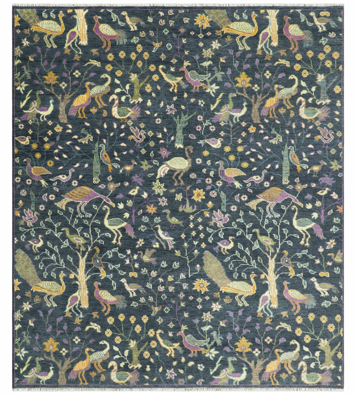 Custom Made The Jungle Life Peacock on tree Rug Hand Knotted Blue and Green Wool Rug
