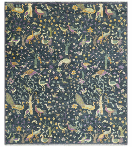 Custom Made The Jungle Life Peacock on tree Rug Hand Knotted Blue and Green Wool Rug