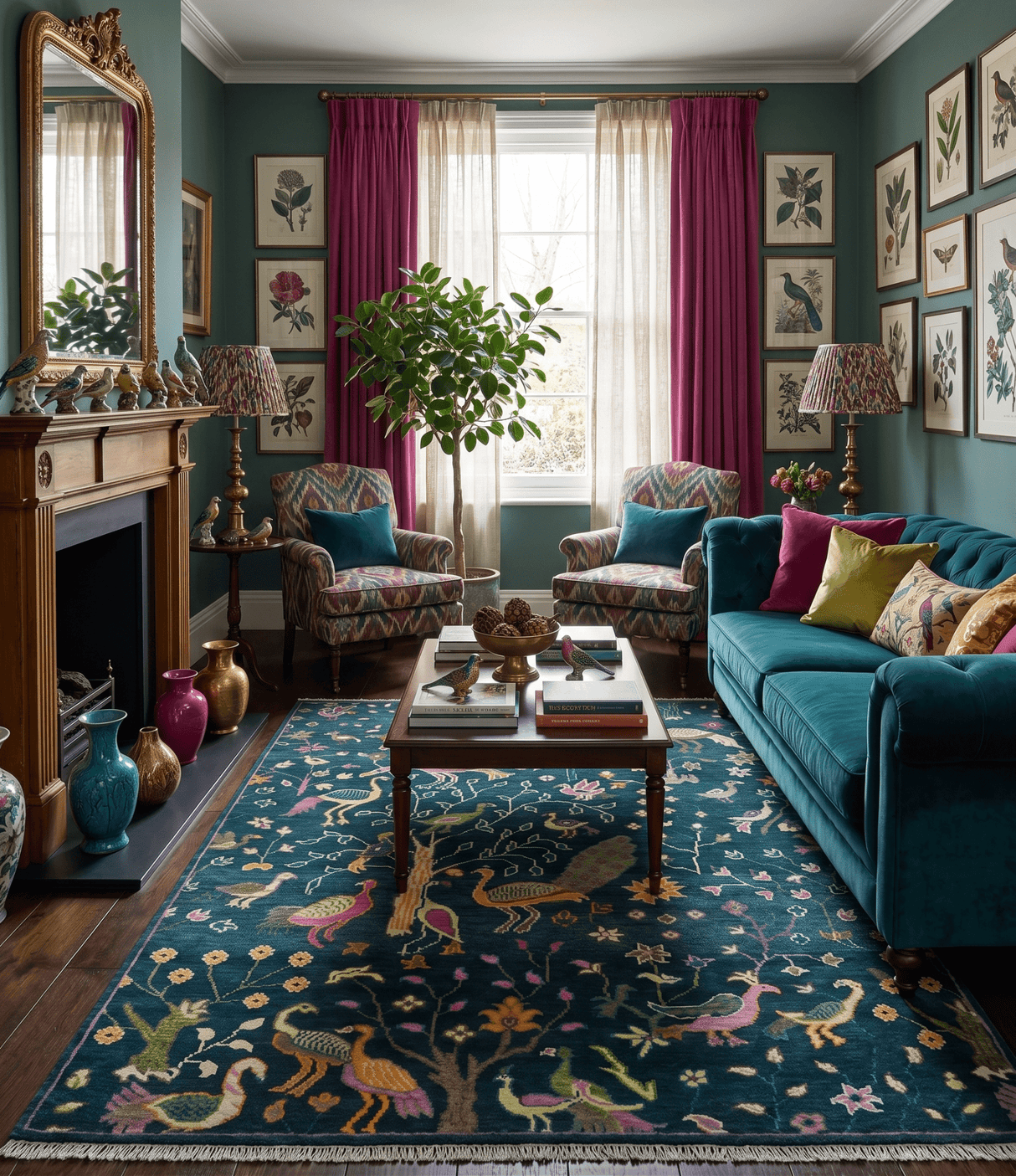 Custom Made The Jungle Life Peacock on tree Rug Hand Knotted Blue and Green Wool Rug