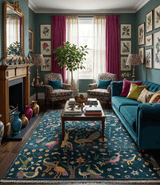 Custom Made The Jungle Life Peacock on tree Rug Hand Knotted Blue and Green Wool Rug