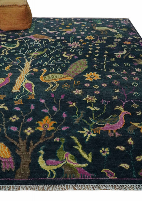 Custom Made The Jungle Life Peacock on tree Rug Hand Knotted Blue and Green Wool Rug