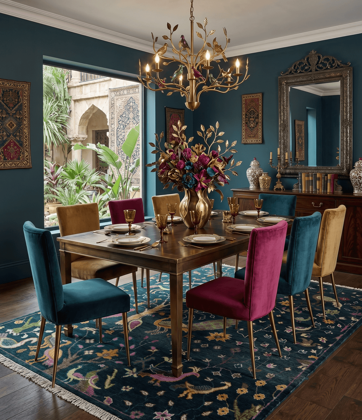 Custom Made The Jungle Life Peacock on tree Rug Hand Knotted Blue and Green Wool Rug