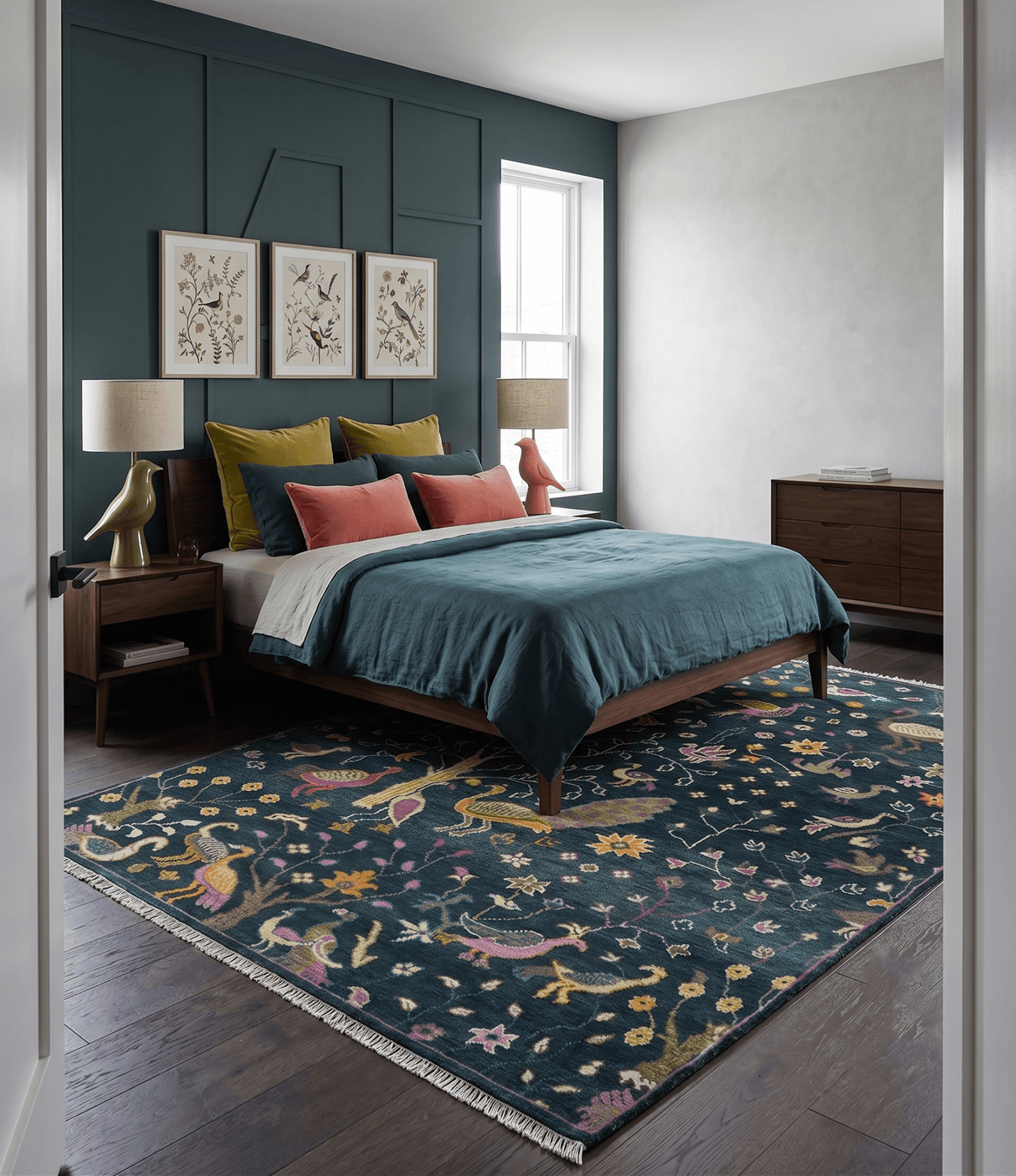 Custom Made The Jungle Life Peacock on tree Rug Hand Knotted Blue and Green Wool Rug