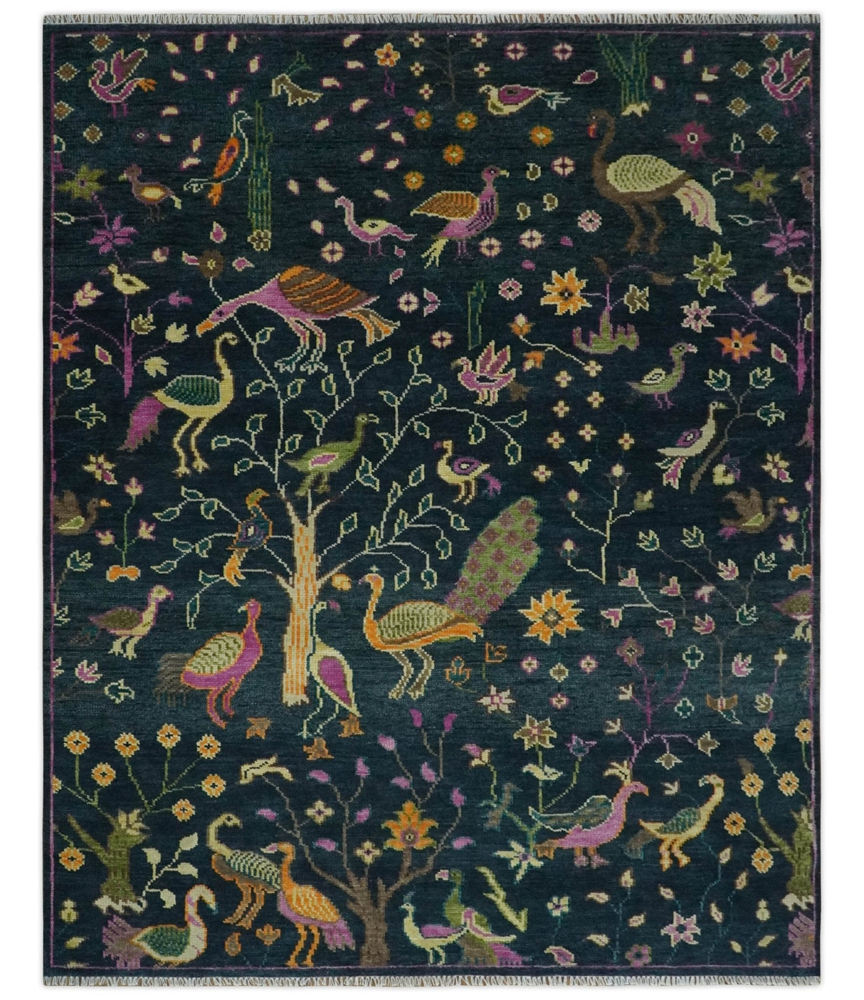 Custom Made The Jungle Life Peacock on tree Rug Hand Knotted Blue and Green Wool Rug