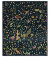 Custom Made The Jungle Life Peacock on tree Rug Hand Knotted Blue and Green Wool Rug