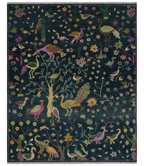 Custom Made The Jungle Life Peacock on tree Rug Hand Knotted Blue and Green Wool Rug