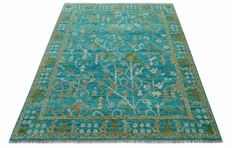 Custom Made The Plants and Roots Blue Hand Knotted Traditional Wool Area Rug